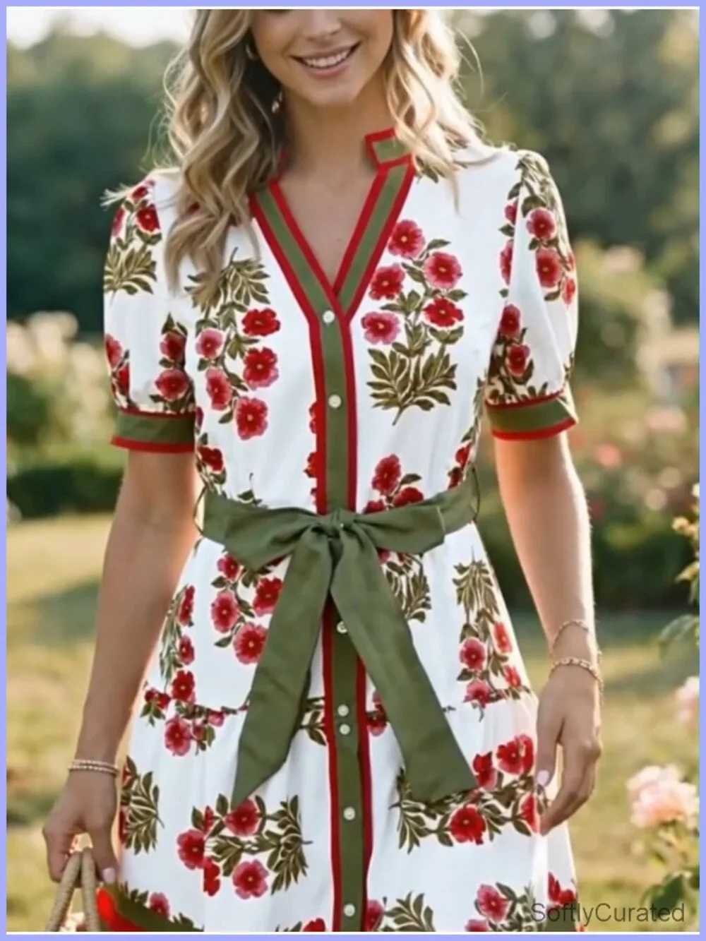 Floral Bohemian Mini Dress Puff Short Sleeve V-Neck Button Down Loose Fit with